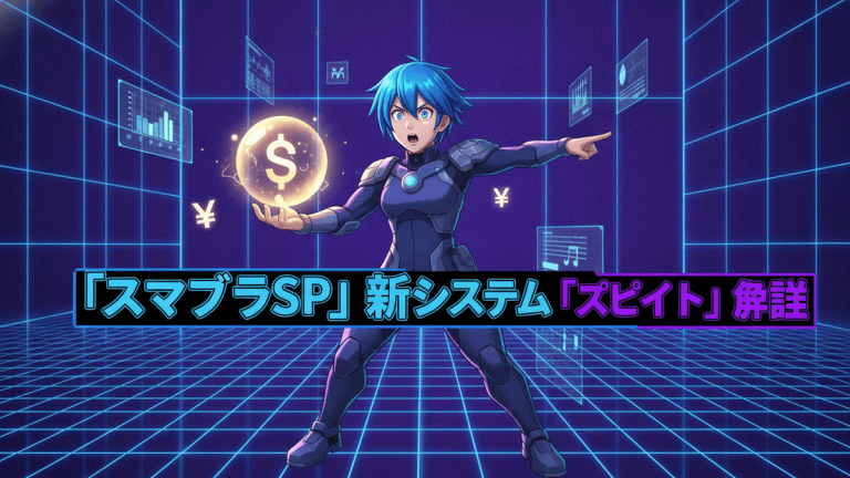 青い髪のキャラクターが金色の光るドル記号を手に持ち、紫とネオンブルーのデジタルのグリッドを背景に立つ。