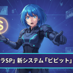 青と紫のネオンカラーの背景に、驚いた表情のサイバーな女性の顔。左にボックス型の情報が表示され、中央に日本語のタイトル。
