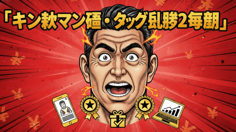 赤い背景に漫画風の男性の顔が中央に描かれ、日本語のタイトルが上部に表示されています。下部にはスマートフォン、ギフトボックス、ラップトップのアイコンがあります。
