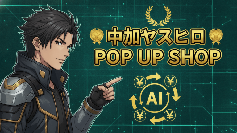 キャラクターと「中尾ヤスヒロ POP UP SHOP」の文字。背景はデジタルテックグリッドで、AIと円記号のアイコンがある。