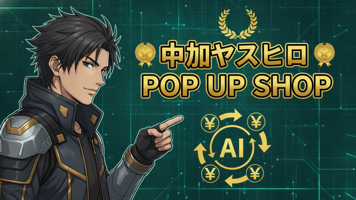 キャラクターと「中尾ヤスヒロ POP UP SHOP」の文字。背景はデジタルテックグリッドで、AIと円記号のアイコンがある。