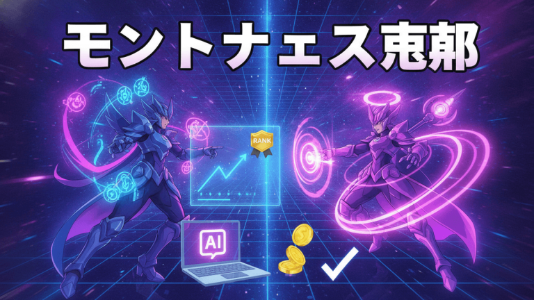 青と紫のキャラクターが対峙し、中央にグラフ、ノートPC、コイン、チェックマークがある。