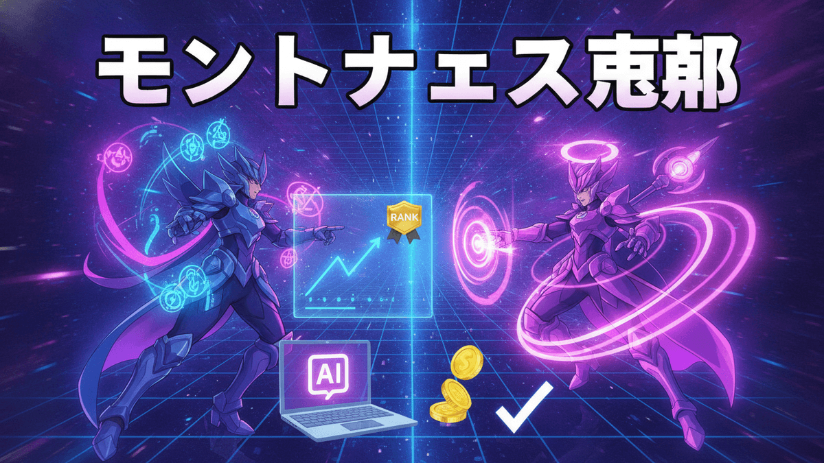 青と紫のキャラクターが対峙し、中央にグラフ、ノートPC、コイン、チェックマークがある。