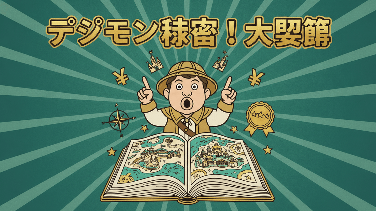 探検家が東京ディズニーシーの開かれた図鑑を指している。背景には放射状の光線と金色の円、星、コンパスがある。