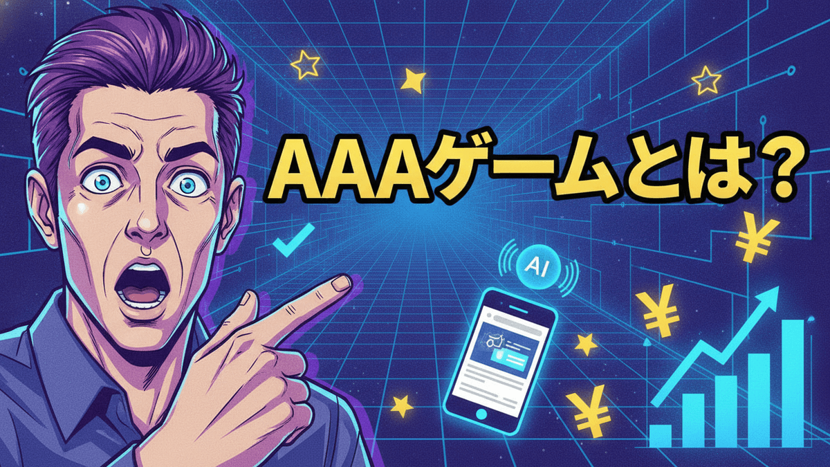 驚いた表情の男性が画面左に配置され、その右には「AAAゲームとは？」というタイトルが表示されている。背景はデジタルグリッド。