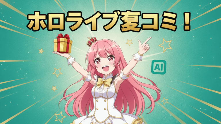 ホロライブのキャラクターがプレゼントを持ち、星が散りばめられた緑の背景