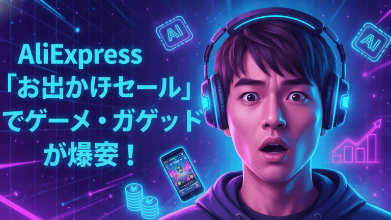 ヘッドホンをつけた男性が驚いた表情でカメラを見ている。背景はネオンブルーとパープルのデジタルトップス。