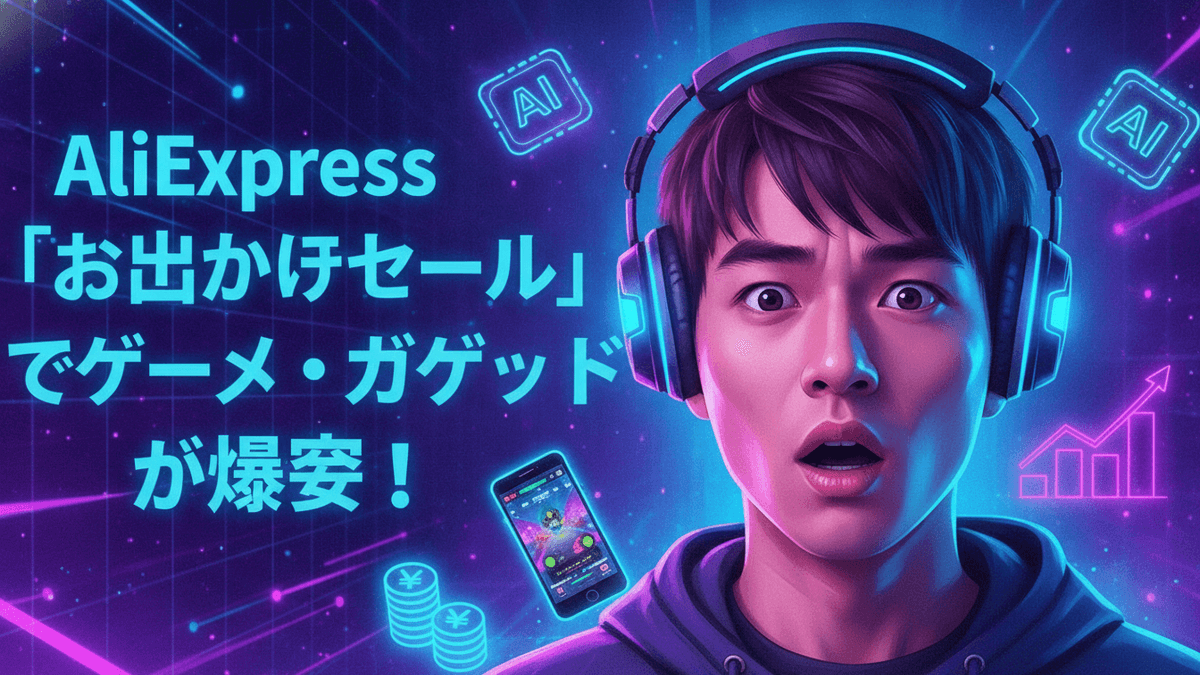 ヘッドホンをつけた男性が驚いた表情でカメラを見ている。背景はネオンブルーとパープルのデジタルトップス。