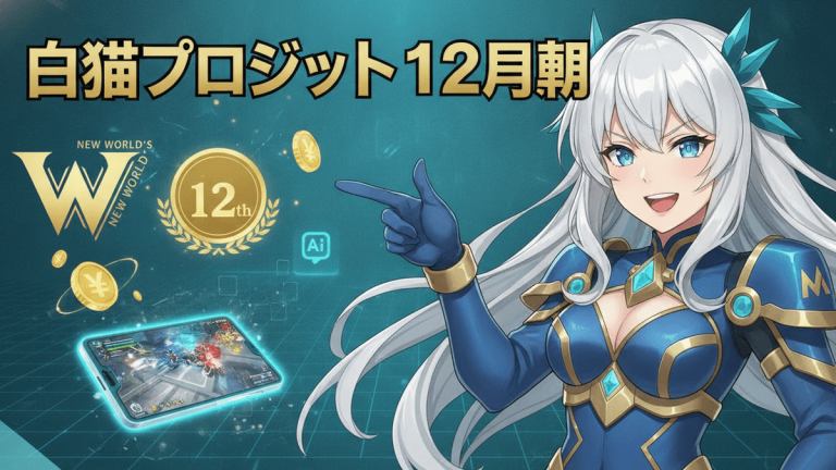 白猫プロジェクトのキャラクターとイベント告知バナー。女性キャラクターが指をさし、YEN記号、AIアイコン、ゲーム画面が表示されたタブレットがある。