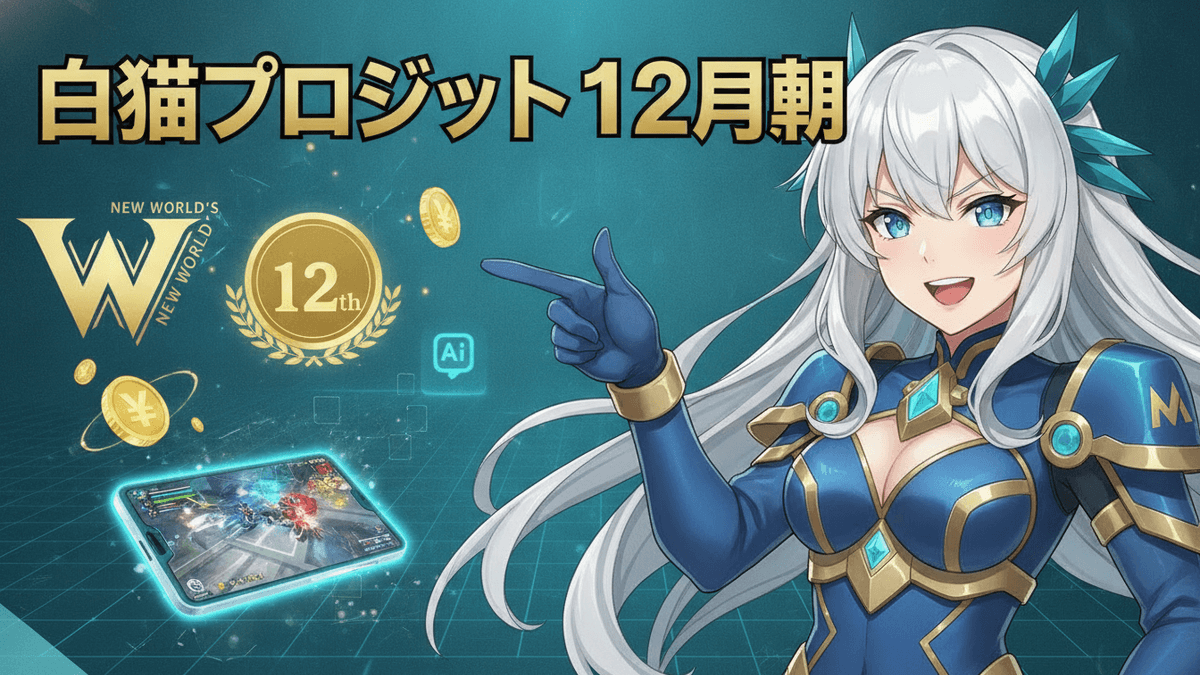 白猫プロジェクトのキャラクターとイベント告知バナー。女性キャラクターが指をさし、YEN記号、AIアイコン、ゲーム画面が表示されたタブレットがある。