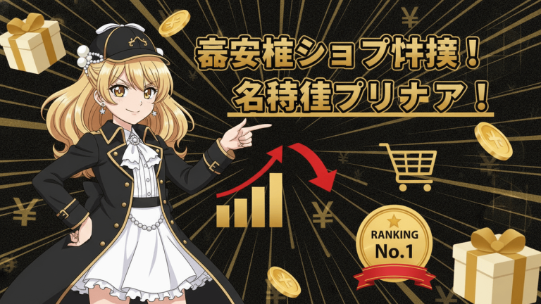 Japanese anime girl in detective hat, black coat, white dress, points at "No. 1 Ranking" badge. Gold coins, shopping cart, arrows, graph, gift boxes, and yen symbols surround her.