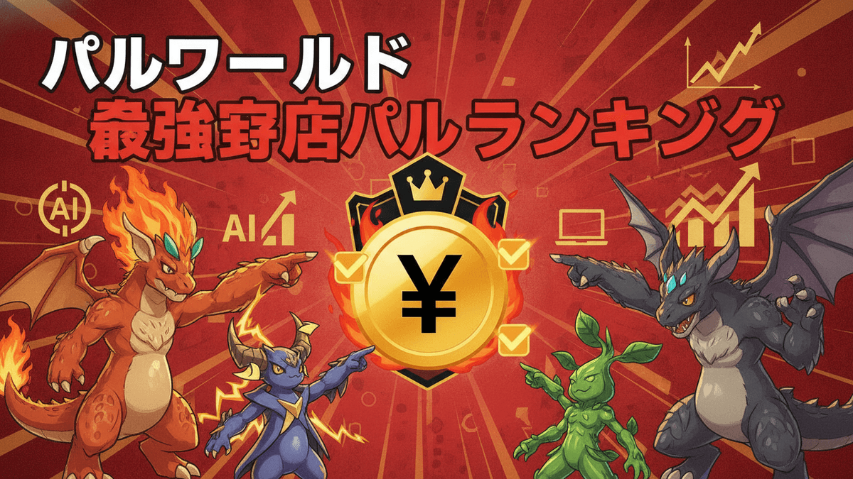 赤い背景に、炎をまとったモンスター、青いモンスター、緑のモンスター、黒いドラゴンのモンスターが、中央の王冠と円を指さしているイラスト。