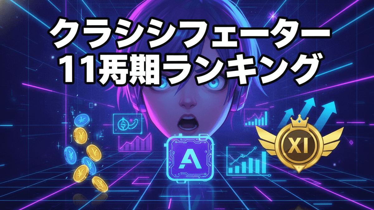 青紫色の髪のキャラクターが驚いた表情で中央に配置され、周りにはAIアイコン、ランキングバッジ、グラフ、コインが浮かぶ。