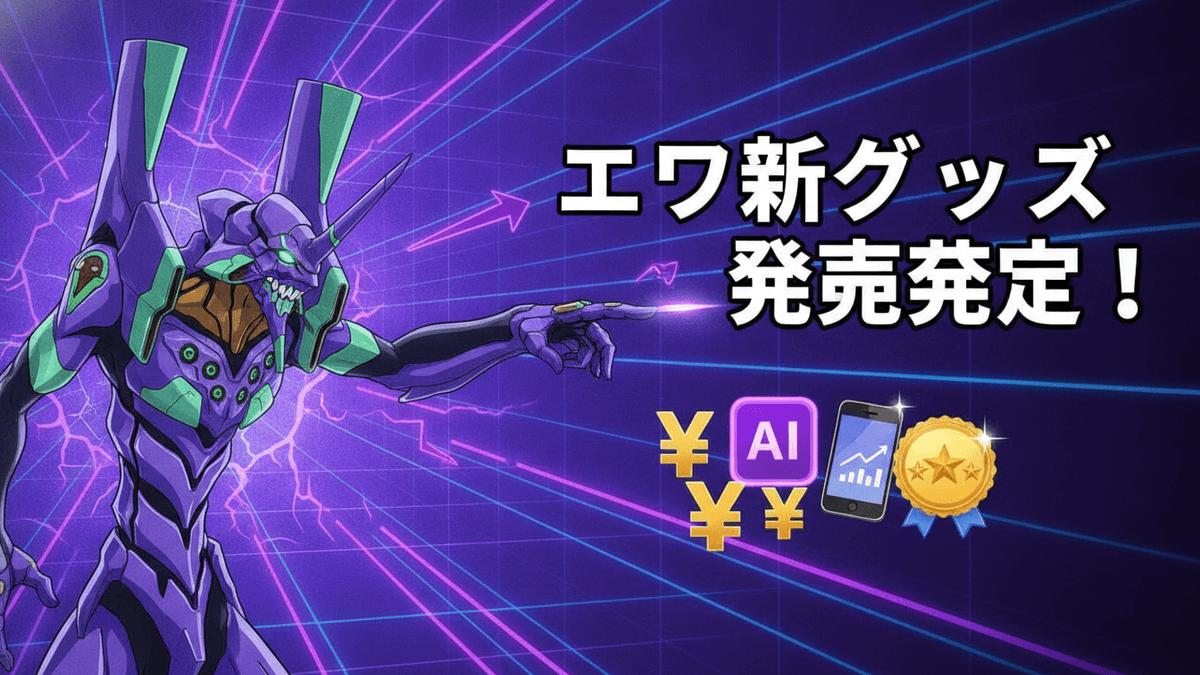 エヴァンゲリオン初号機、日本の円記号、AIアイコン、スマホグラフ、星付きランキングバッジ。