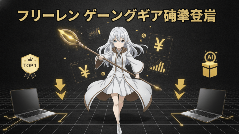 長杖を持つフリーレンが中央に立ち、両側にノートパソコンが置かれ、￥記号、チャート、AIアイコンが描かれている。