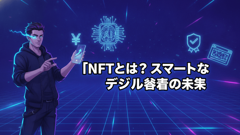 未来的なデジタルグリッドの背景に、スマートフォンを持つ男性、AIアイコン、円記号、そして「NFTとは？スマートなデジタルの未来」という日本語のタイトル。