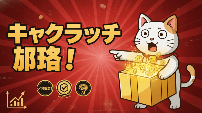 赤い背景に日本のタイトル、金色の箱を指差す白とオレンジの猫、金箱から金色の円、円形のアイコンがあります。