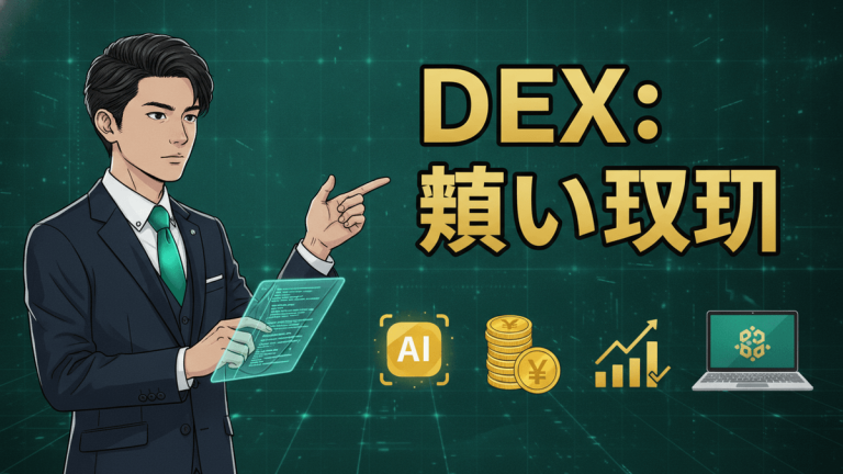 緑色のデジタルグリッド背景に、左に立つスーツ姿のビジネスマン。DEXの情報を指し示し、AI、円、チャート、ノートPCのアイコンが並ぶ。