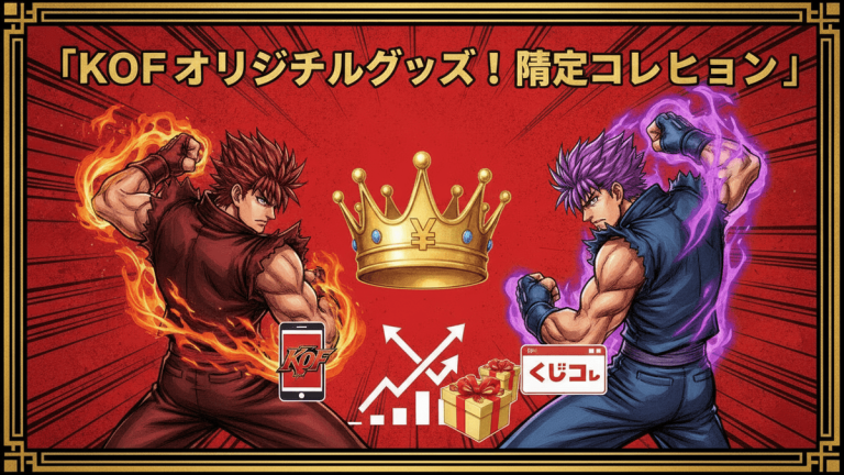 赤と黒と金の背景に、日本の格闘ゲーム「KOF」のキャラクター、草薙京と八神庵が描かれた画像です。