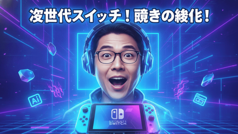 青と紫のネオンカラーの背景に、驚いた表情でヘッドホンを着用し、Nintendo Switchを持っている男性。