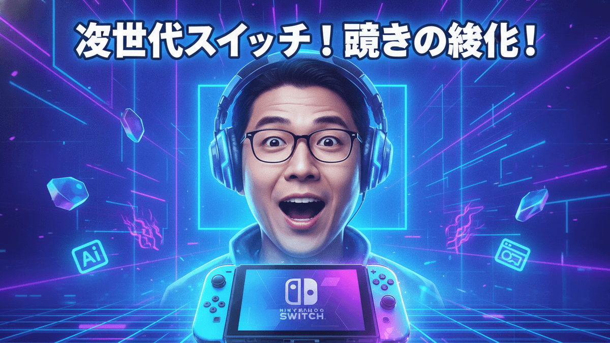 青と紫のネオンカラーの背景に、驚いた表情でヘッドホンを着用し、Nintendo Switchを持っている男性。