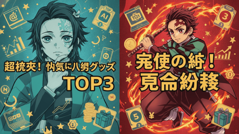 鬼滅の刃のキャラクターが描かれた2つのサムネイル。左側はクールな色調、右側は温かい色調で、それぞれ異なるテキストとアイコンがある。