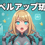 青緑色の背景に、金髪の女性キャラクターが中央に配置され、その背後には株価チャートや歯車、Yen記号、AIアイコン、クラウンなどが散りばめられています。上部には「レベルアップ攻略」という白い日本語のテキストが表示されています。