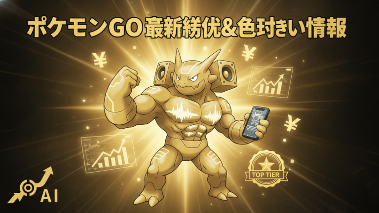 金色のキャラクターが中央に立ち、スマートフォン、円記号、チャート、AIアイコンが周りに配置されている。