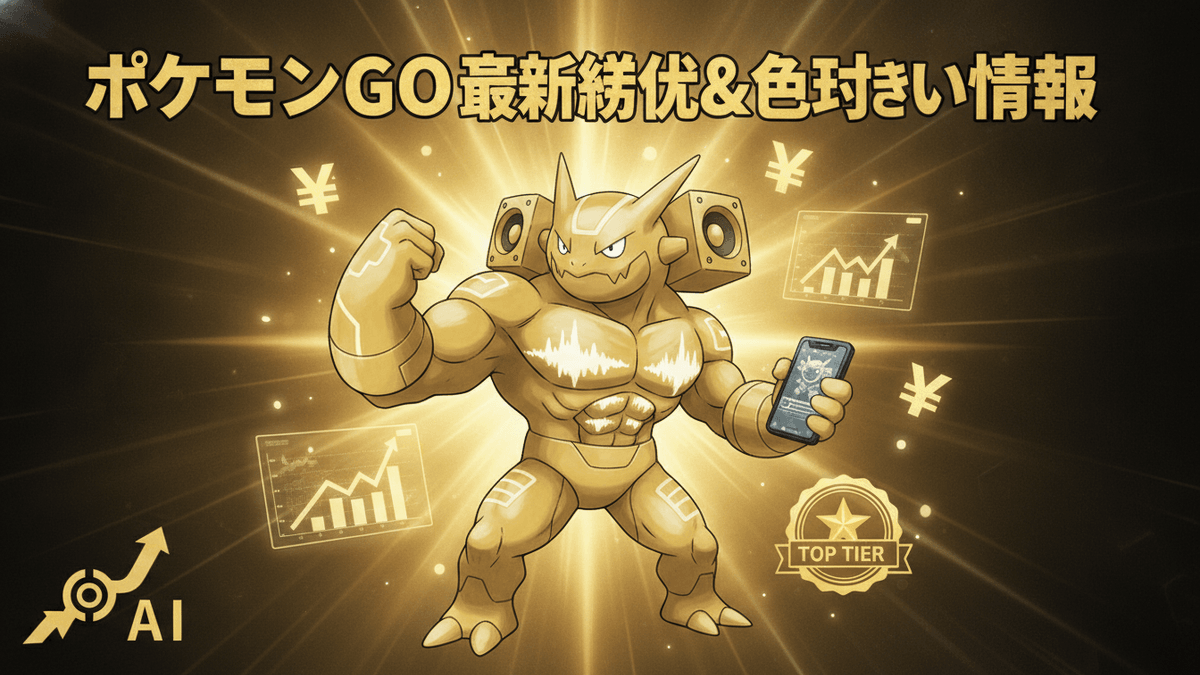 金色のキャラクターが中央に立ち、スマートフォン、円記号、チャート、AIアイコンが周りに配置されている。