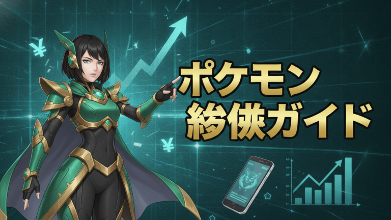 緑と黒の衣装を着た女性が右側に「ポケモン 総集ガイド」という日本語のタイトルがあるデジタルテックグリッドの背景に向かって指をさしています。