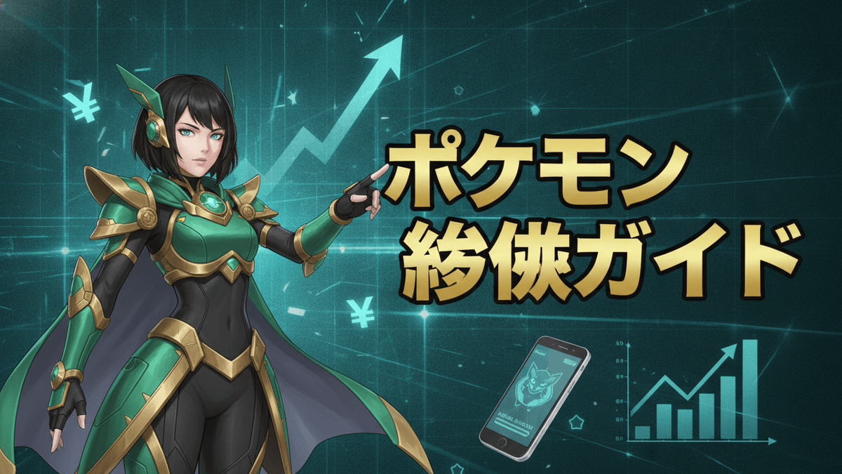 緑と黒の衣装を着た女性が右側に「ポケモン 総集ガイド」という日本語のタイトルがあるデジタルテックグリッドの背景に向かって指をさしています。