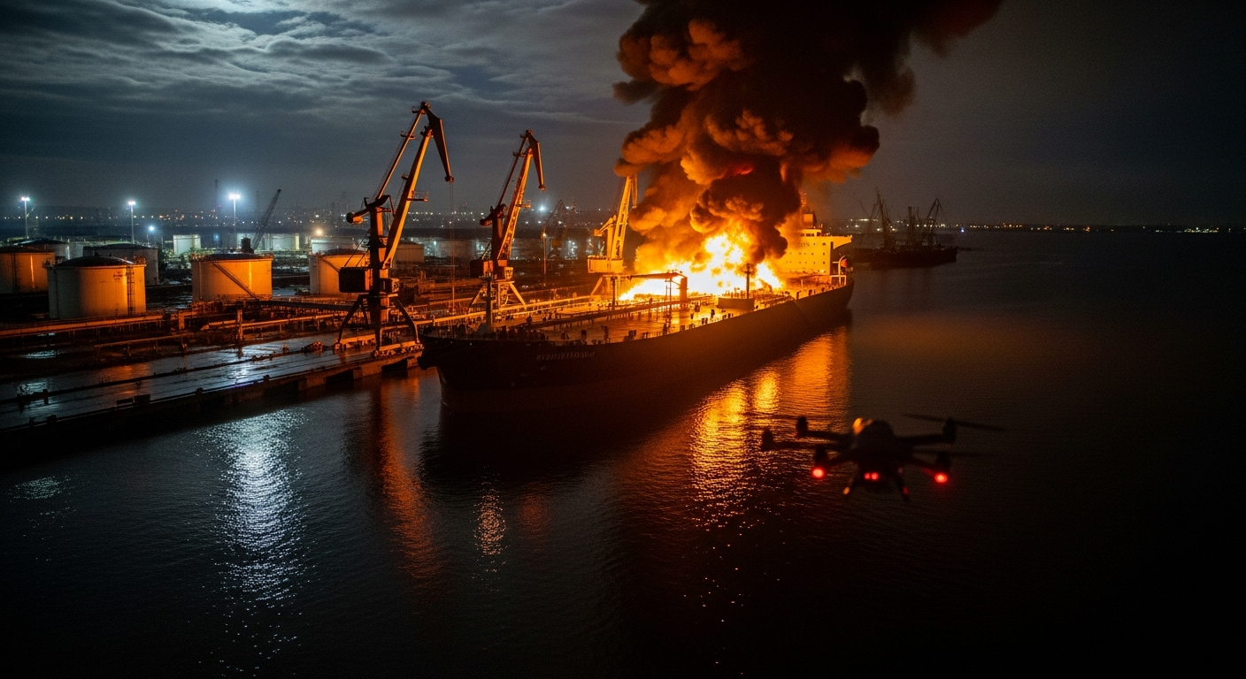 Ukrainian Drone Attack Fuels Fire at Russian Oil Tanker, Damages Tuapse Port