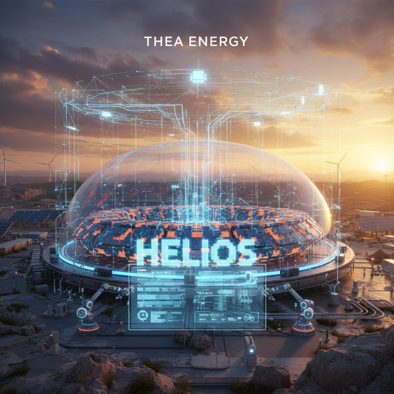 A futuristic fusion energy plant, "Helios" by Thea Energy, glowing at sunset with AI elements and wind turbines.