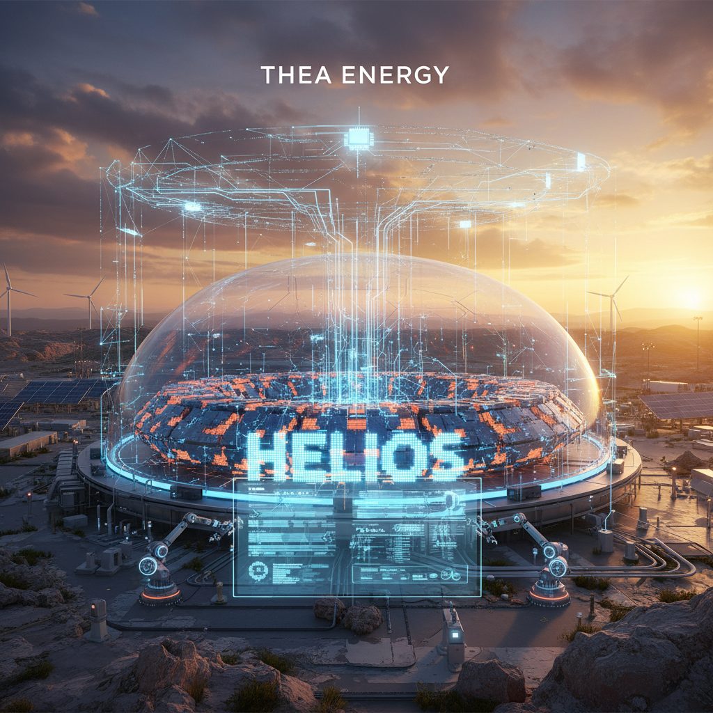 A futuristic fusion energy plant, "Helios" by Thea Energy, glowing at sunset with AI elements and wind turbines.