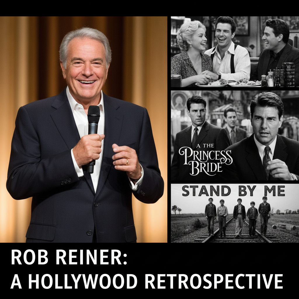 Collage featuring Rob Reiner and scenes from his iconic films like "When Harry Met Sally..." and "A Few Good Men."