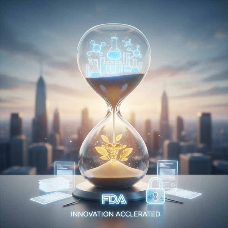 An hourglass with a city skyline backdrop, symbolizing accelerated progress in healthcare and medicine.