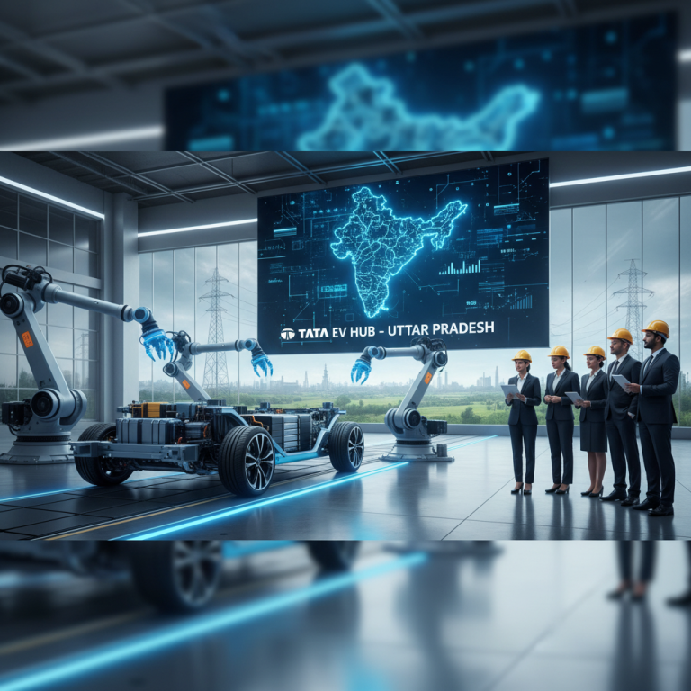 Professional team views an electric vehicle manufacturing setup with a digital map of India highlighting Uttar Pradesh.