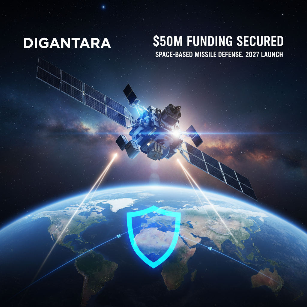 A satellite in orbit above Earth, emitting protective beams towards a glowing shield icon. Stars and text "Digantara" & "$50M FUNDING SECURED SPACE-BASED MISSILE DEFENSE. 2027 LAUNCH" are visible.