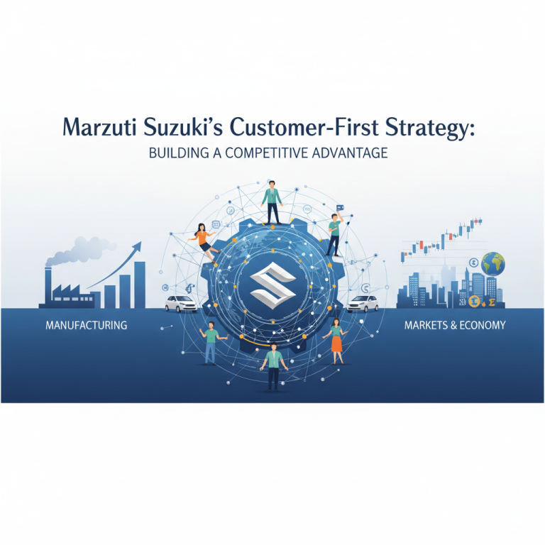 Illustration showing Maruti Suzuki's customer-centric approach connecting manufacturing and markets.