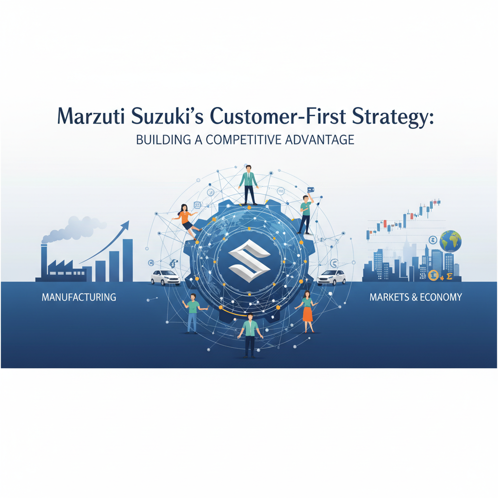 Illustration showing Maruti Suzuki's customer-centric approach connecting manufacturing and markets.