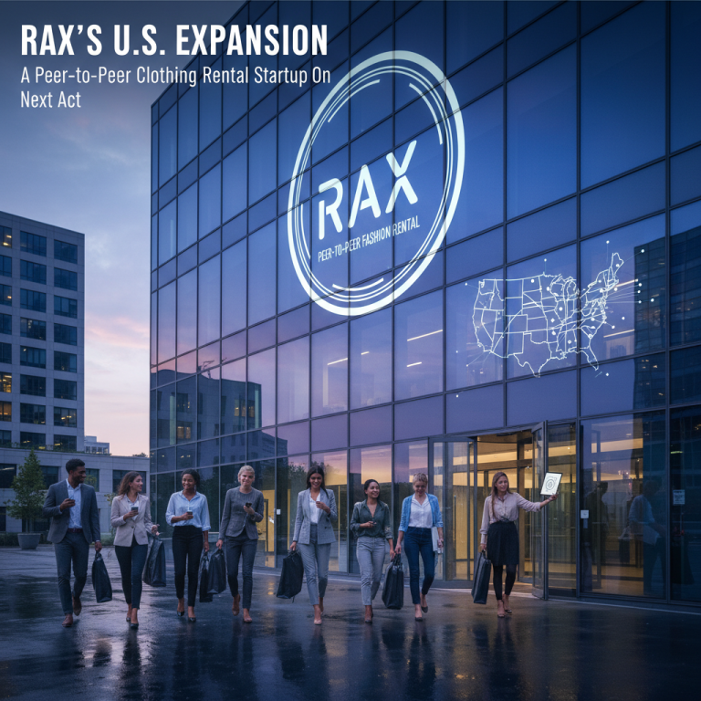 A modern building with the Rax logo projected, showing professional people walking out, symbolizing growth and tech.