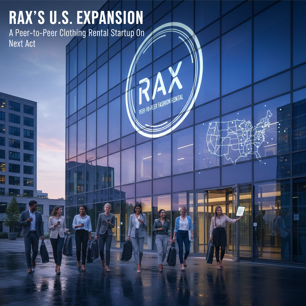 A modern building with the Rax logo projected, showing professional people walking out, symbolizing growth and tech.