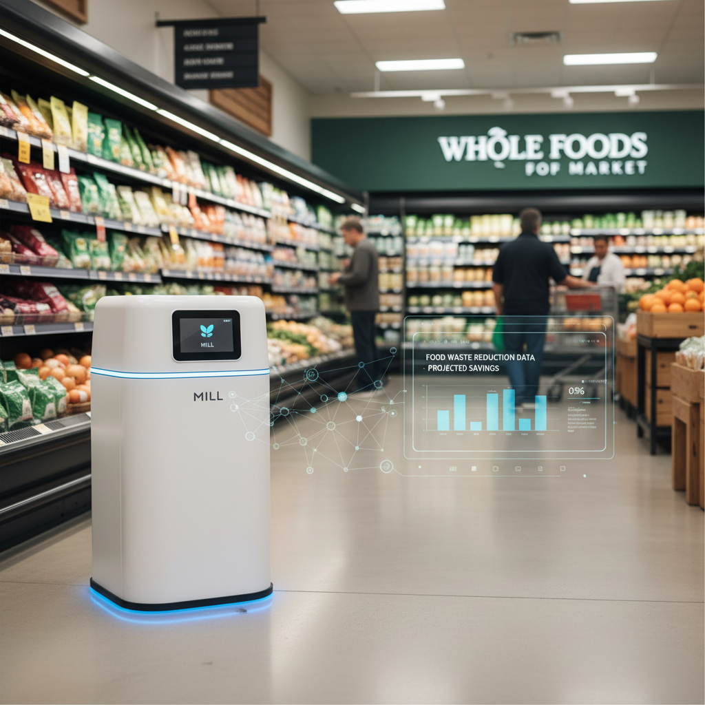 A Mill smart food waste bin with blue glow in a Whole Foods Market, showing data holographically.