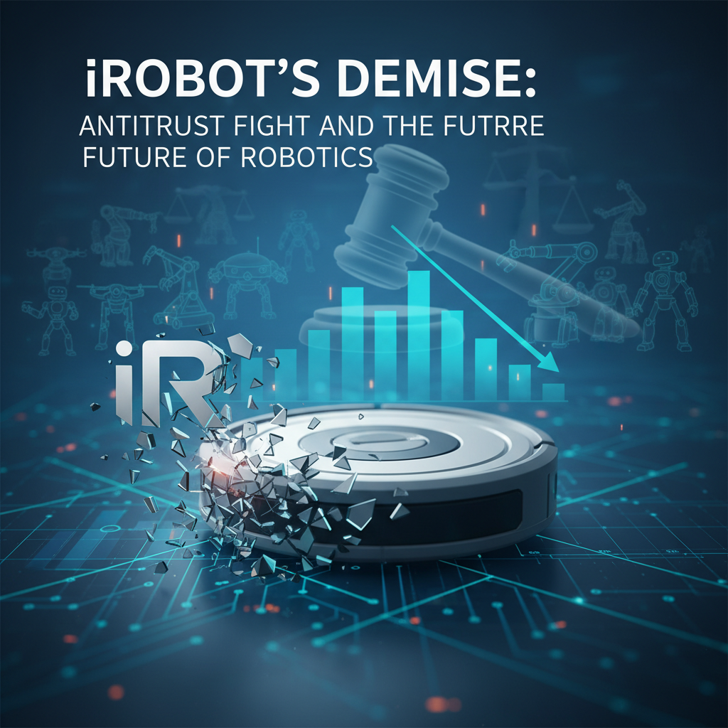 A shattered robot vacuum, representing iRobot, amidst legal and economic symbols.