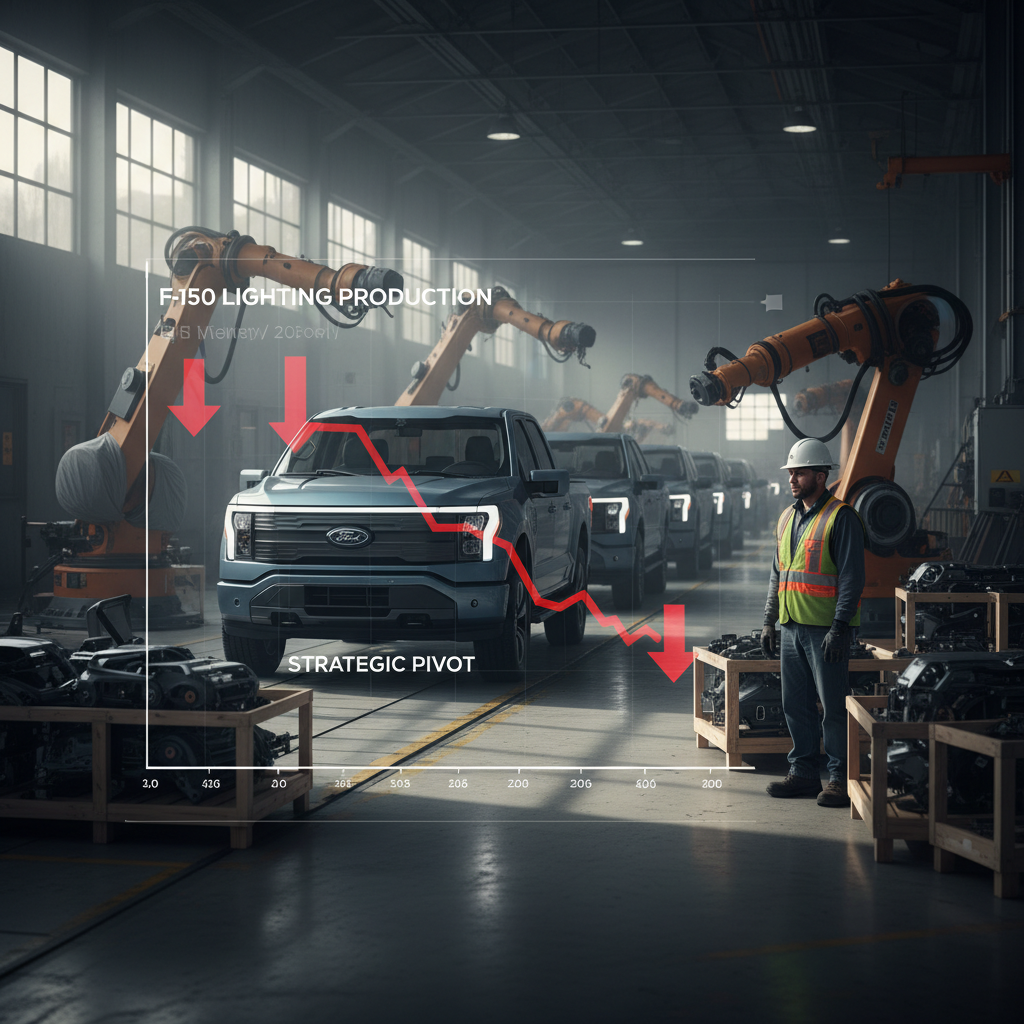 A Ford F-150 Lightning on an assembly line with a superimposed downward trend graph and a factory worker.