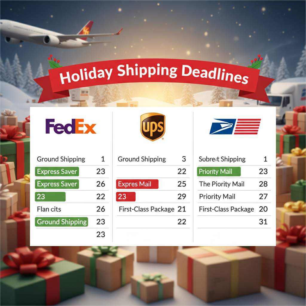 A banner showing holiday shipping deadlines for FedEx, UPS, and USPS with a festive, professional background.