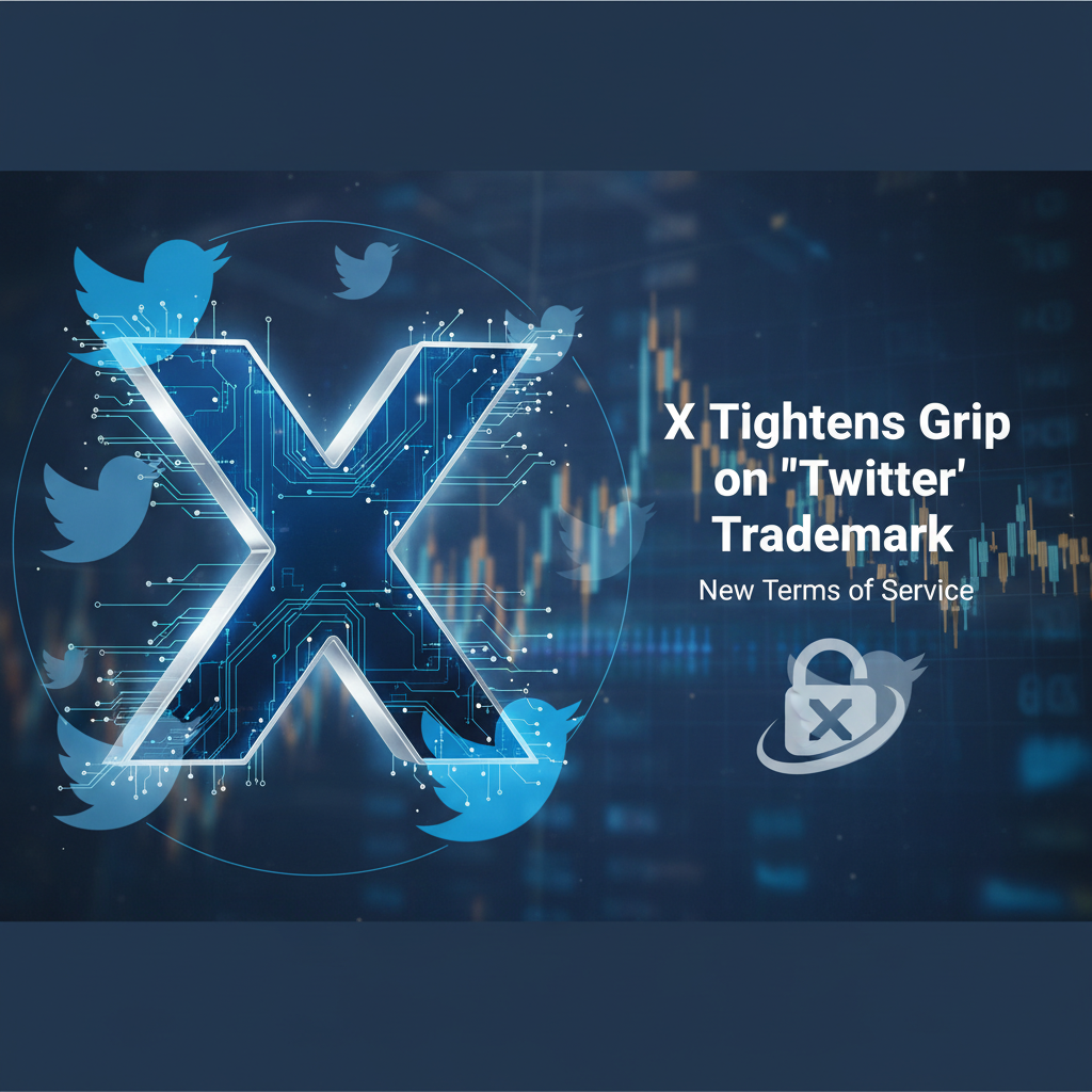 A stylized 'X' logo made of circuit patterns, surrounded by small Twitter bird logos, set against a digital background.