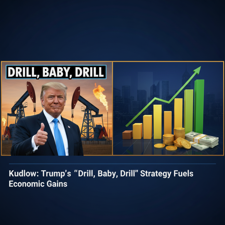 ** Donald Trump with oil rigs, alongside a rising bar graph and stacks of money, representing economic gains.