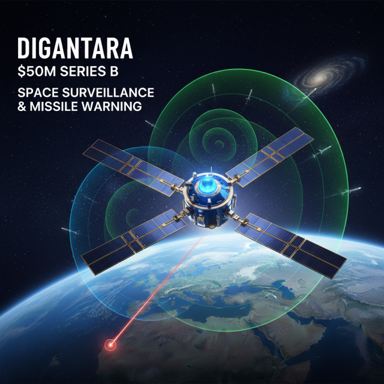 A satellite orbiting Earth, emitting surveillance waves and a laser, with missiles and a galaxy in the background.