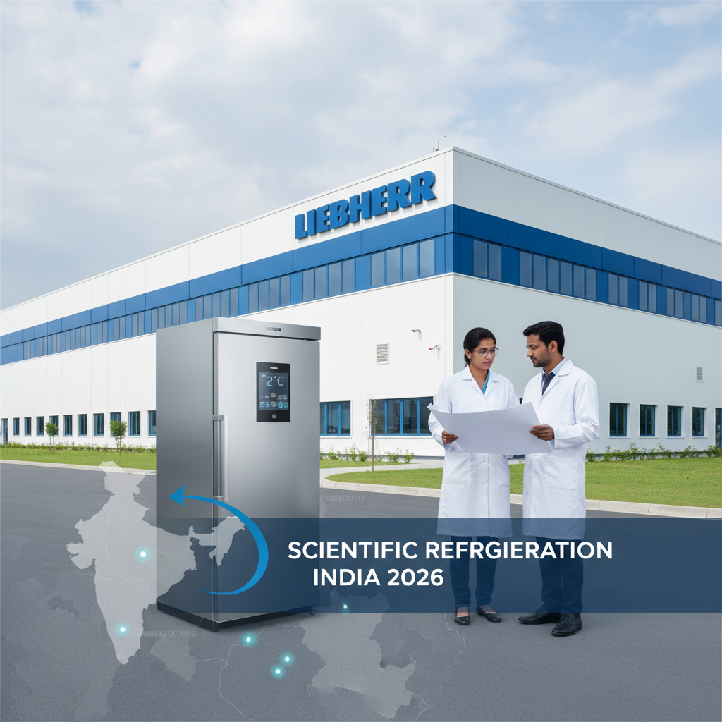 Two scientists in lab coats review plans in front of a modern Liebherr factory and a scientific refrigerator.